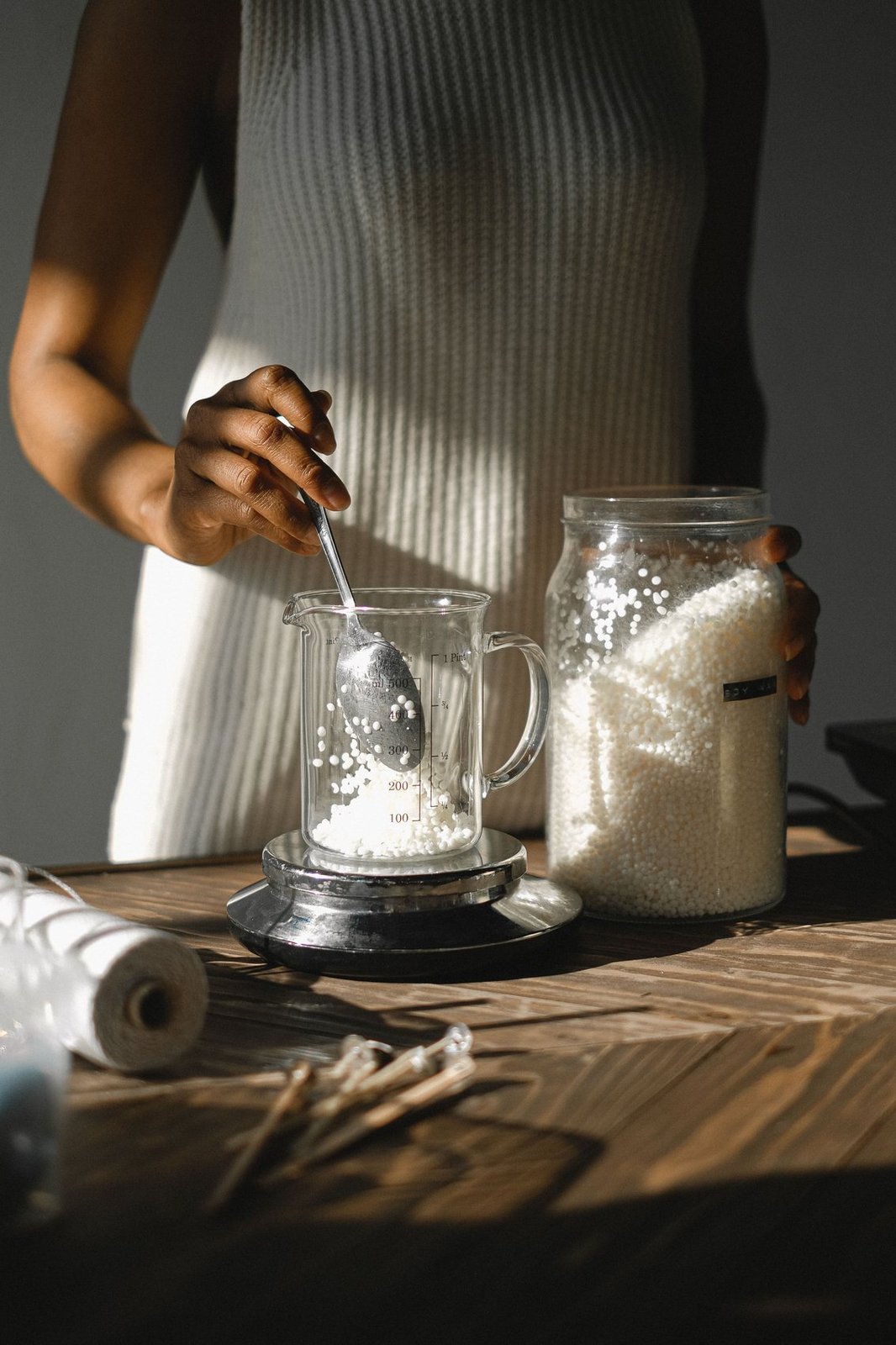 Weighing candle wax on a digital scale